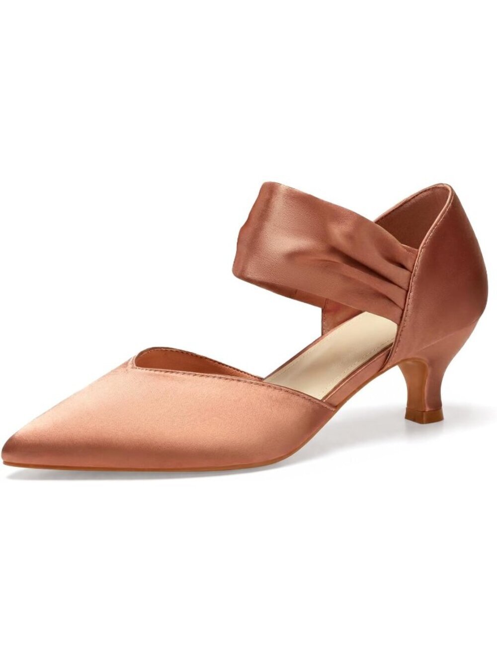 Women's Rose Gold Low Kitten Heel Pointed Toe Slip On Pump Ankle Strap Shoes